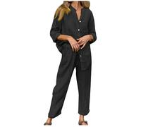 Conjunto Dos Piezas Mujer Lino algodón Casual Camisa manga larga y Pantalones Verano Otoño Camiseta Blusa Color sólido Completo Suelto Traje Cómodo Conjunto Moda Transpirable Talla grande 2025