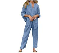 Conjunto Dos Piezas Mujer Lino algodón Casual Camisa manga larga y Pantalones Verano Otoño Camiseta Blusa Color sólido Completo Suelto Traje Cómodo Conjunto Moda Transpirable Talla grande 2025