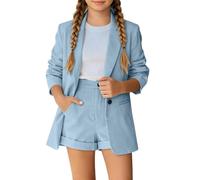 Conjunto Dos Piezas para Niña 2026, Camisa de Manga Larga y Short Elegante, Ropa Casual para Primavera y Verano, 3-14 Años (Sky Blue, 5-6 Years)