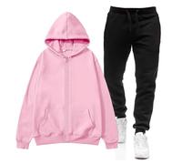 Conjunto elegante de forro polar con cremallera, cárdigan largo con capucha, pantalones de chándal, cómodo informal, color liso, deportivo, dos piezas de fútbol, Rosa #2, M