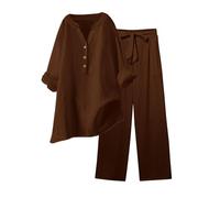 Conjunto Elegante de Lino para Mujer de Verano Coordinado Camisa Larga + Pantalones Ligeros de Algodón y Lino Conjunto Deportivo de Primavera Curvy de Dos Piezas Mangas 3/4 Jogging Traspirante