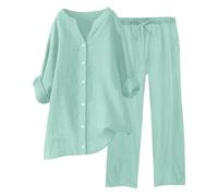 Conjunto Elegante de Lino para Mujer de Verano Coordinado Camisa Larga + Pantalones Ligeros de Algodón y Lino Conjunto Deportivo de Primavera Curvy de Dos Piezas Mangas 3/4 Jogging Traspirante