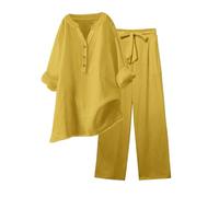 Conjunto Elegante de Lino para Mujer de Verano Coordinado Camisa Larga + Pantalones Ligeros de Algodón y Lino Conjunto Deportivo de Primavera Curvy de Dos Piezas Mangas 3/4 Jogging Traspirante