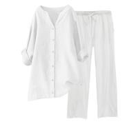 Conjunto Elegante de Lino para Mujer de Verano Coordinado Camisa Larga + Pantalones Ligeros de Algodón y Lino Conjunto Deportivo de Primavera Curvy de Dos Piezas Mangas 3/4 Jogging Traspirante