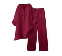 Conjunto Elegante de Lino para Mujer de Verano Coordinado Camisa Larga + Pantalones Ligeros de Algodón y Lino Conjunto Deportivo de Primavera Curvy de Dos Piezas Mangas 3/4 Jogging Traspirante