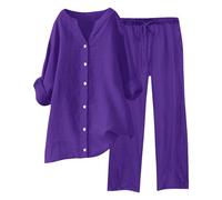 Conjunto Elegante de Lino para Mujer de Verano Coordinado Camisa Larga + Pantalones Ligeros de Algodón y Lino Conjunto Deportivo de Primavera Curvy de Dos Piezas Mangas 3/4 Jogging Traspirante