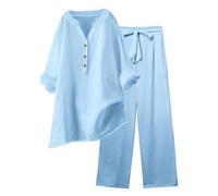 Conjunto Elegante de Lino para Mujer de Verano Coordinado Camisa Larga + Pantalones Ligeros de Algodón y Lino Conjunto Deportivo de Primavera Curvy de Dos Piezas Mangas 3/4 Jogging Traspirante