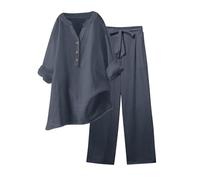 Conjunto Elegante de Lino para Mujer de Verano Coordinado Camisa Larga + Pantalones Ligeros de Algodón y Lino Conjunto Deportivo de Primavera Curvy de Dos Piezas Mangas 3/4 Jogging Traspirante