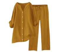 Conjunto Elegante de Lino para Mujer de Verano Coordinado Camisa Larga + Pantalones Ligeros de Algodón y Lino Conjunto Deportivo de Primavera Curvy de Dos Piezas Mangas 3/4 Jogging Traspirante