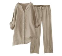 Conjunto Elegante de Lino para Mujer de Verano Coordinado Camisa Larga + Pantalones Ligeros de Algodón y Lino Conjunto Deportivo de Primavera Curvy de Dos Piezas Mangas 3/4 Jogging Traspirante