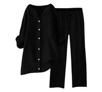 Conjunto Elegante de Lino para Mujer de Verano Coordinado Camisa Larga + Pantalones Ligeros de Algodón y Lino Conjunto Deportivo de Primavera Curvy de Dos Piezas Mangas 3/4 Jogging Traspirante