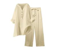 Conjunto Elegante de Lino para Mujer de Verano Coordinado Camisa Larga + Pantalones Ligeros de Algodón y Lino Conjunto Deportivo de Primavera Curvy de Dos Piezas Mangas 3/4 Jogging Traspirante