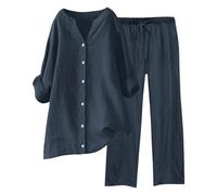 Conjunto Elegante de Lino para Mujer de Verano Coordinado Camisa Larga + Pantalones Ligeros de Algodón y Lino Conjunto Deportivo de Primavera Curvy de Dos Piezas Mangas 3/4 Jogging Traspirante