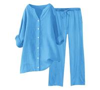 Conjunto Elegante de Lino para Mujer de Verano Coordinado Camisa Larga + Pantalones Ligeros de Algodón y Lino Conjunto Deportivo de Primavera Curvy de Dos Piezas Mangas 3/4 Jogging Traspirante