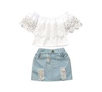Conjunto faldas para niñas pequeñas, camisa encaje sin mangas para niños pequeños, Tops cortos, faldas vaqueras cortas, 2 uds., ropa primavera y verano para niños, trajes blancos 130 4-5 años