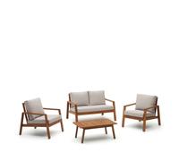Conjunto Frares compuesto por un sofá de dos plazas, dos sillones y una mesa de centro en madera maciza de acacia.