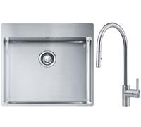 Conjunto fregadero de acero Franke Box 127.0369.295, grifo de cocina Franke Eos 115.0590.045