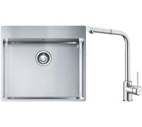 Conjunto fregadero de acero Franke Box 127.0369.295, grifo de cocina Franke Sirius Side 115.0668.280