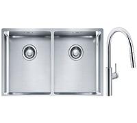 Conjunto fregadero de acero Franke Box 127.0370.188, grifo de cocina Franke Pescara L Slide-In 115.0538.940