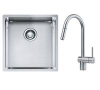 Conjunto fregadero de acero Franke Box 127.0453.654, grifo de cocina Franke Atlas 115.0590.047