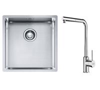 Conjunto fregadero de acero Franke Box 127.0453.654, grifo de cocina Franke Sirius Side 115.0668.280