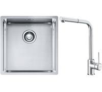 Conjunto fregadero de acero Franke Box 127.0453.654, grifo de cocina Franke Sirius Side 115.0668.280