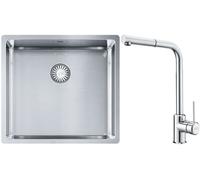 Conjunto fregadero de acero Franke Box 127.0453.655, grifo de cocina Franke Sirius Side 115.0668.280