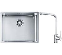 Conjunto fregadero de acero Franke Box 127.0453.656, grifo de cocina Franke Sirius Side 115.0668.280
