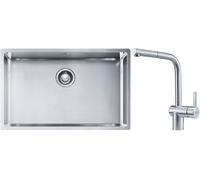 Conjunto fregadero de acero Franke Box 127.0453.658, grifo de cocina Franke Atlas 115.0521.439