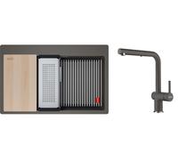 Conjunto fregadero de granito Franke Kanon 114.0749.639, grifo de cocina Franke Active L Pull-Out Spray 115.0721.464