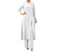 Conjunto genérico Abaya mujer musulmana 2 piezas blanco liso túnica larga ranura lateral botones dorados pantalones anchos elegante modesto para ramadán boda eventos religiosos uso diario, Blanco12