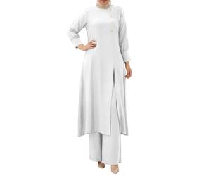 Conjunto genérico Abaya mujer musulmana 2 piezas blanco liso túnica larga ranura lateral botones dorados pantalones anchos elegante modesto para ramadán boda eventos religiosos uso diario, Blanco12, L