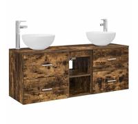 Conjunto genérico armario de baño 3 piezas roble ahumado pared | Dos tocadores de pared, gabinete, madera de ingeniería, sin agujeros preperforados, 2 brocas incluidas, cajones, estantes