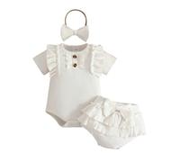 Conjunto genérico bebé niña manga corta costillas bodysuit mono nudo volantes corto diademas traje completo nuevo ne(White, 6-9 months)