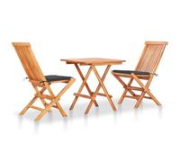 Conjunto genérico Bistro de 3 piezas de madera de teca, cojines antracita | Mesa y sillas plegables, cojín de asiento incluido, superficie de arena fácil de mantener, para jardín terraza o patio