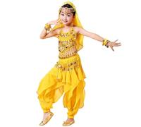 Conjunto genérico Danza del Vientre Niñas 2026 Traje étnico indio espectáculo niño top falda gasa ligera (Yellow, 5-6 años)