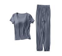 Conjunto genérico de 2 piezas de pijama de verano para mujer, ropa de dormir informal, dos piezas, color liso, camiseta y pantalones largos suaves, cuello redondo, Dark Gray, XXL