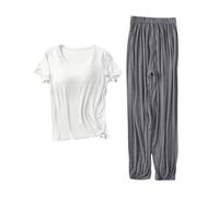 Conjunto genérico de 2 piezas de pijama de verano para mujer, ropa de dormir informal, dos piezas, color liso, camiseta y pantalones largos suaves, cuello redondo, blanco, L