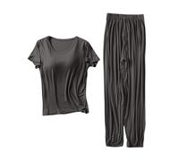 Conjunto genérico de 2 piezas de pijama de verano para mujer, ropa de dormir informal, dos piezas, color liso, camiseta y pantalones largos suaves, cuello redondo, café, XL