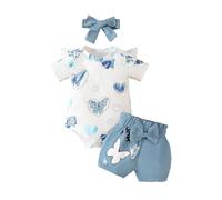 Conjunto genérico de bebé niña mono manga corta dibujos animados mariposa estampado y pantalones cortos con sujetador completo ropa recién nacida (azul, 6-9 months)