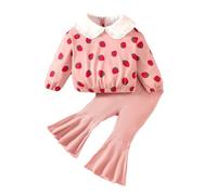 Conjunto genérico de bebé niña otoño 2026 manga larga cuello muñeca estampado fresa y pantalones acampanados traje suave ropa recién nacido(rojo, 2-3 años)