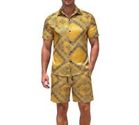 Conjunto genérico de camisa casual para hombre de corte holgado, cuello con estampado de cierre de botones, tejido transpirable cómodo, atuendo de verano e interior diario, amarillo, L