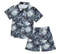 Conjunto genérico de camisa y pantalones cortos para niño 2026 con estampado de manga corta y cuello acorazado atuendo casual vacaciones playa (Grey, 160)