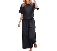 Conjunto genérico de dos piezas de verano para mujer de manga corta y pantalón de corte holgado cómodo grande, Le Noir, L