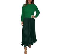 Conjunto genérico de dos piezas para mujer de invierno con cuello redondo a rayas y falda de cien pliegues para ropa casual, verde, M