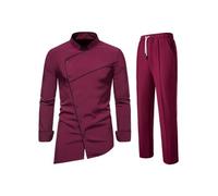 Conjunto genérico de gran tamaño para hombre con cuello alto y manga larga adornado con dibujo tribal, traje de boda de negocios solemne evento conjunto herencia étnica traje tradicional, Vino azul, S