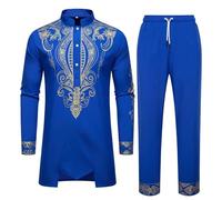 Conjunto genérico de gran tamaño para hombre con cuello alto y manga larga con patrón bordado tribal traje de evento solemne boda negocios set herencia étnica traje tradicional, azul, M