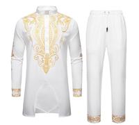 Conjunto genérico de gran tamaño para hombre con cuello alto y manga larga con patrón bordado tribal traje de evento solemne boda negocios set herencia étnica traje tradicional, blanco, M