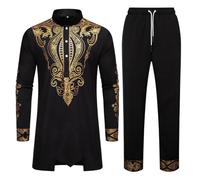 Conjunto genérico de gran tamaño para hombre con cuello alto y manga larga con patrón bordado tribal traje de evento solemne boda negocios set herencia étnica traje tradicional, Negro , S