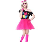 Conjunto genérico de los años 80 para mujer, traje de los años 80 para mujer, camiseta de disfraces, top con hombros descubiertos, disfraz de cosplay 1980, pulseras collar diadema